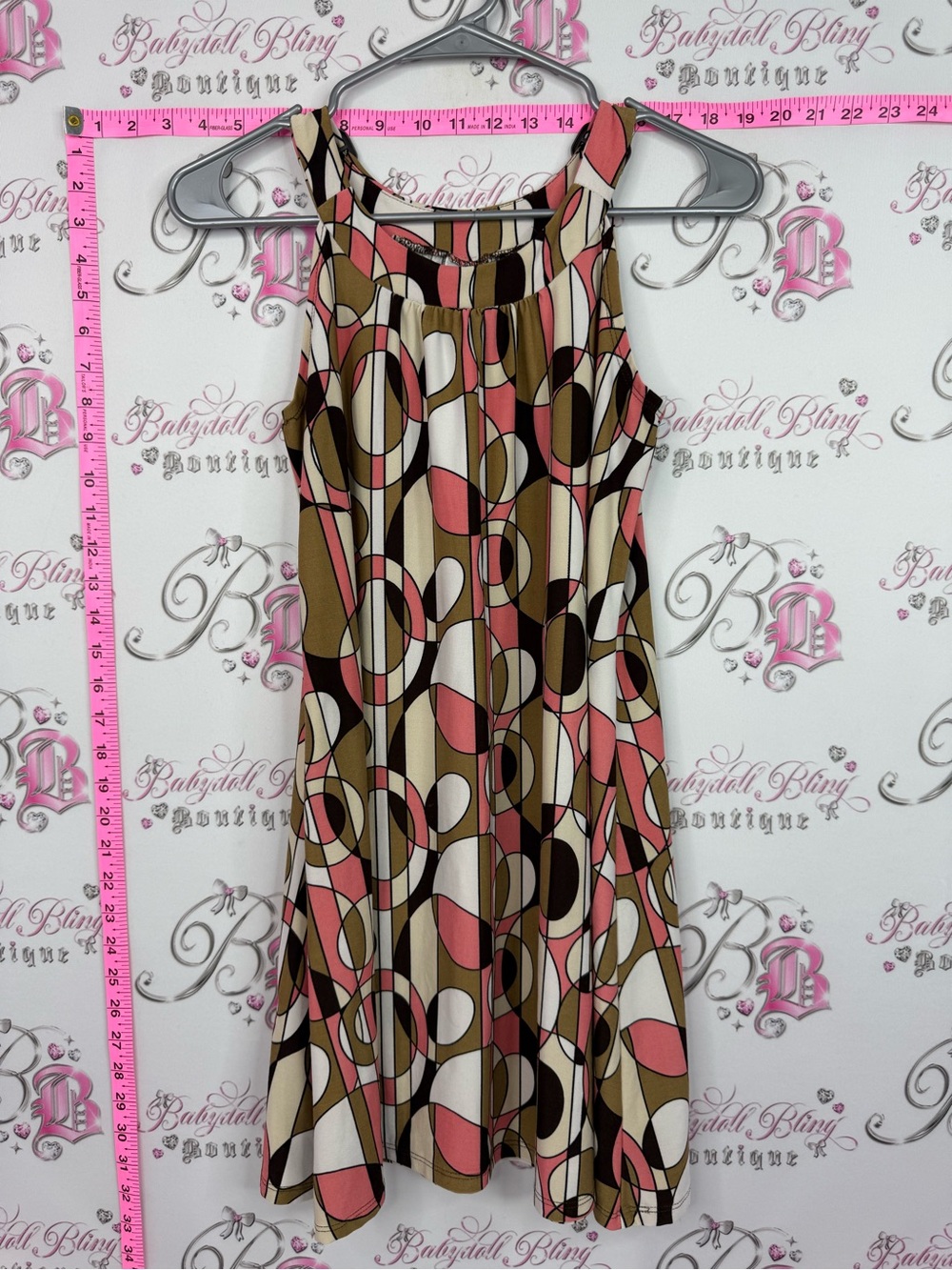Jessie girl y2k Midi Dress in Pink, Brown and Cream - Modern Geometric Print